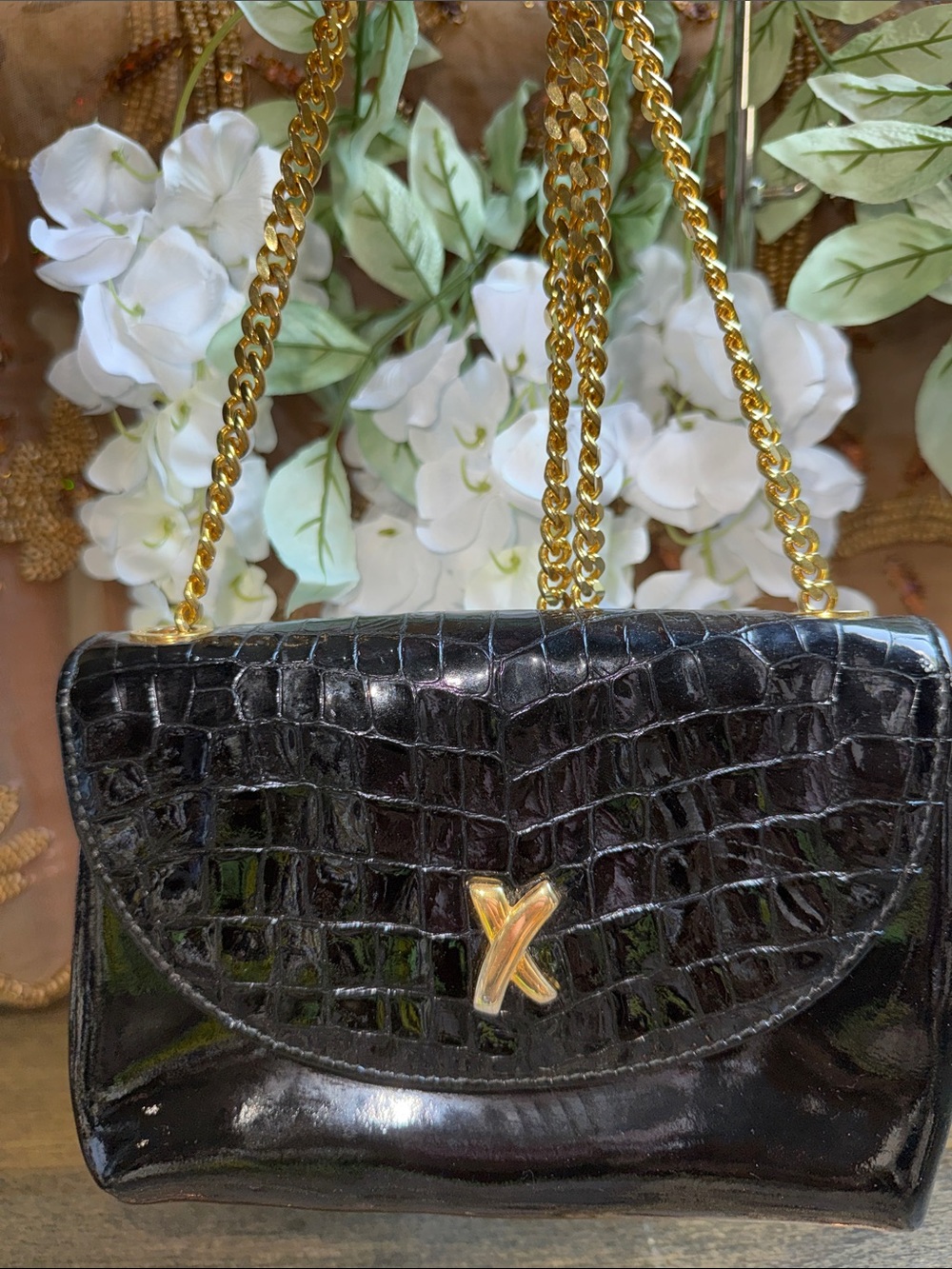 paloma picasso  Italy Black Croc-Embossed Crossbody with Gold Chain